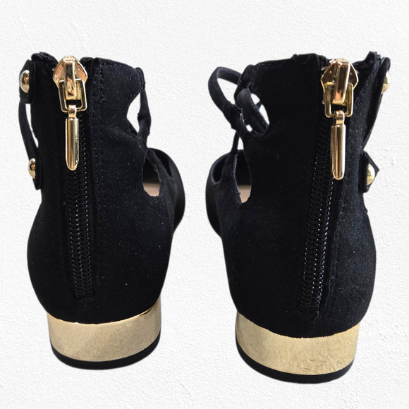 Aldo Black Suede Marieta Lace-Up Flats Gold Heel Zip Ballet Shoes Size 6.5 NWT - Picture 6 of 13